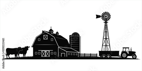 Silhouette Farm Scene With Barn Silo Windmill Tractor And Cows Keywords: farm, barn, silo, windmill, tractor, cows, rural