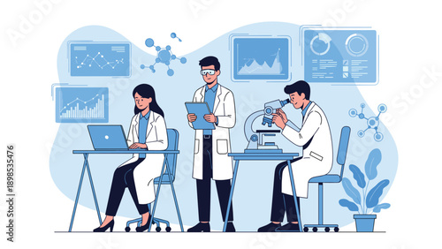 Professional team of scientists in white lab coats performing experiments and analyzing data in a modern research laboratory.
