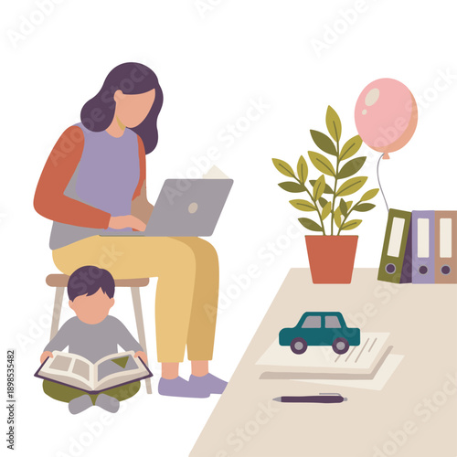 Mother working remotely from home while child reads next to her
