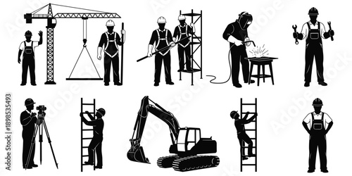 Silhouettes of Construction Workers, Equipment and Tools Keywords: silhouette, construction, worker, construction worker, crane