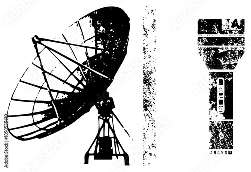 Black and white vector of satellite dish and flashlight, distressed texture, isolated graphic elements, tech communication tools, stylized silhouette design.