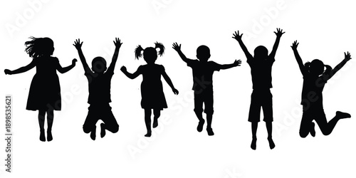 Silhouettes of happy children jumping with arms raised in the air kids