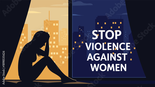 Silhouette of a distressed woman sitting on the floor against a city background with a stop violence against women message.