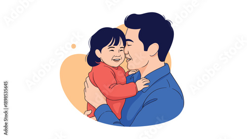 Loving father warmly embracing his cheerful young daughter against a soft orange background during a happy moment.