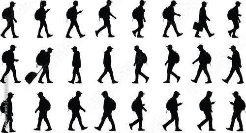 Silhouettes of people walking with backpacks and luggage on white background woman