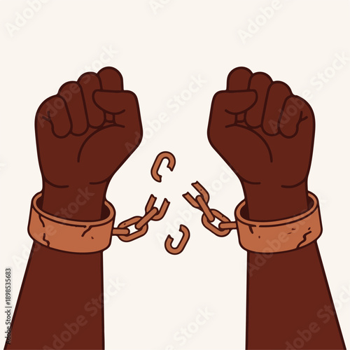 Dark-skinned hands breaking chains, symbolizing freedom and liberation