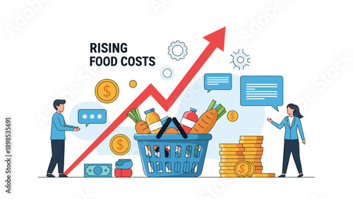 Professional man and woman discussing rising food costs near a shopping basket filled with groceries and a rising graph.