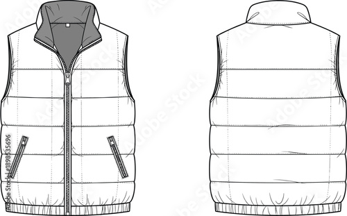 Technical drawing of a quilted puffer vest with front and back views quilted vest sleeveless jacket