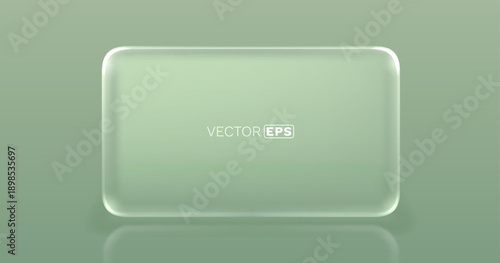 A sleek, transparent glass panel with rounded corners on a soft green background, featuring a subtle reflection. This modern blank frame provides elegant copy space for design projects.