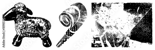 Black and white vector illustrations of a sheep figurine, rolled textile, and halftone animal. Graphic design elements for print or digital use.