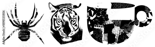 Graphic vector featuring spider, tiger, and coffee cup with halftone textures, isolated design elements, stylized animal portraits, bold, aesthetic.