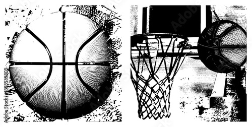 Basketball mid air passing through net, hoop shot, sports action, halftone graphic, vector illustration, isolated sports, game moment.