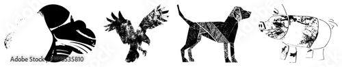 Stylized horse, eagle, dog, and pig rendered as fragmented vector shapes with gritty texture, isolated foreground elements, graphic design motifs.
