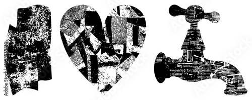Graphic design featuring heart and faucet shapes filled with fragmented halftone textures, vector art, isolated symbols, stylized water motif, artistic typography effect.