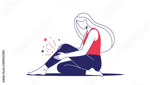 Young woman sitting on the ground and holding her injured leg while experiencing sharp pain or muscle cramps during a workout.