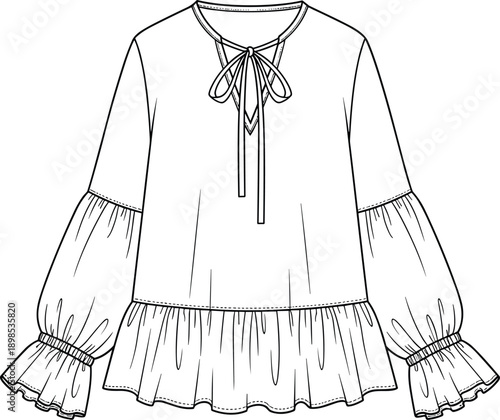 Women blouse mockup with long puff sleeves, ruffle hem and bow neckline detail, front view isolated on white background fashion vector illustration