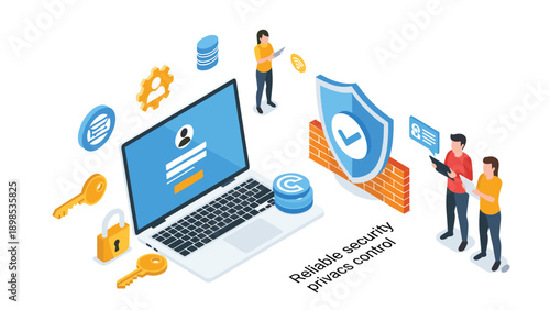 Secure online privacy control and reliable security system shown with an isometric laptop, shield, and professional developers.