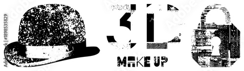 Retro bowler hat with textured grain, bold 3D “3D MAKE UP” typography, distressed padlock symbol, halftone aesthetic, graphic design elements.