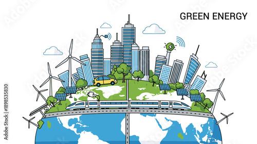 Illustration of a sustainable green energy city built on top of the earth globe featuring wind turbines and solar panels.