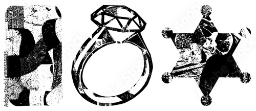 Stylized black and white featuring a phone, diamond ring, and sheriff star, rendered with halftone grain and distressed texture for retro aesthetic.