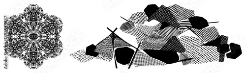 Symmetrical mandala design with ornate motifs, paired with fragmented halftone shapes, vector art, graphic design element, isolated foreground.