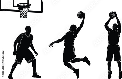 Basketball players silhouette, slam dunk action, shooting and defense pose, black and white illustration, sports movement concept, competitive energy design