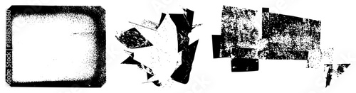 Fragmented halftone, distressed graphic elements, vector texture pieces, design, digital art motifs, print artifacts.