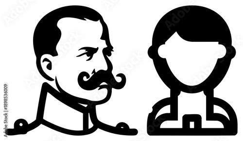 Stylized black silhouette of a man with handlebar mustache facing generic user, vector graphic, flat design, user interface element, profile placeholder.