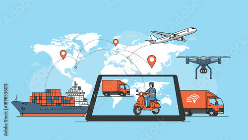 Digital tablet displaying a global logistics network with transportation icons for air, sea, and land delivery services.