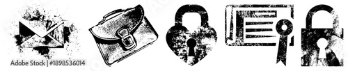 Vintage distressed email envelope, leather briefcase, heart shaped lock, document with ribbon, classic padlock all in gritty vector art.