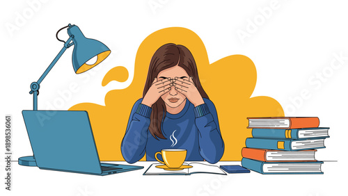 Stressed young woman suffering from a headache while studying at a desk with a laptop, books, and a cup of coffee.