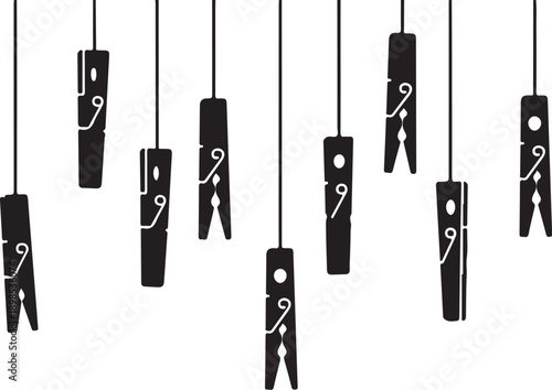 Black clothespins hanging on strings in a row illustration