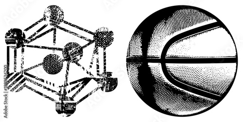 Molecular lattice diagram with spheres and bonds, halftone basketball with seams, vector art, scientific illustration, sports, black and white graphic, isolated symbols.