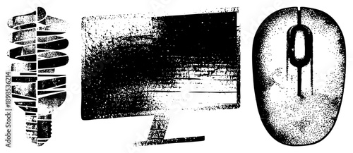 Retro computer mouse, monitor, and keyboard set, halftone print style, digital interface elements, pixelated aesthetic, tech nostalgia design.