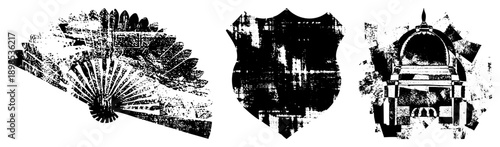 Black and white halftone vector ornate fan, shield, classical archway. Graphic design elements with distressed texture, isolated foregrounds, aesthetic.