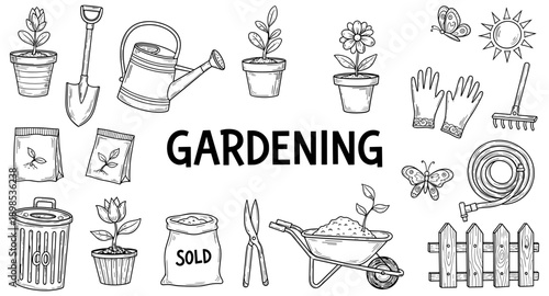 Collection of hand-drawn gardening tools and plants in a doodle style