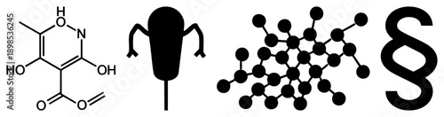 Chemical quinone structure, capacitor symbol, graphene lattice, legal section sign all isolated vector glyphs. Scientific, technical, legal, electronic symbols.
