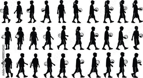 Basketball walking silhouette illustration set, youth sports motion concept, black and white design, athletic gesture and posture reference