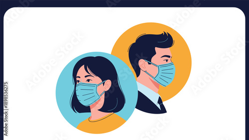Diverse male and female characters wearing protective surgical face masks for health safety and virus prevention awareness.