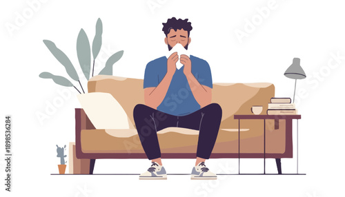 A man sits on a couch blowing his nose into a tissue