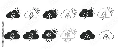 Collection of weather icons featuring sun, clouds, lightning bolts, and warning signs for forecasting and climate themes