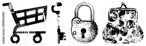 Grunge style shopping cart, skeleton key, padlock, and spotted purse, vector with distressed texture, security and commerce symbols.