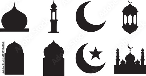 Set of religious vector icons featuring mosque and church silhouettes with domes, towers, and crescent moon in a city skyline design
