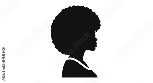Black silhouette profile of a woman with afro hairstyle on white background