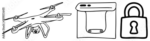 Black of drone with camera, phone case, and padlock, minimalist vector symbols, security and tech concepts, isolated graphic elements.