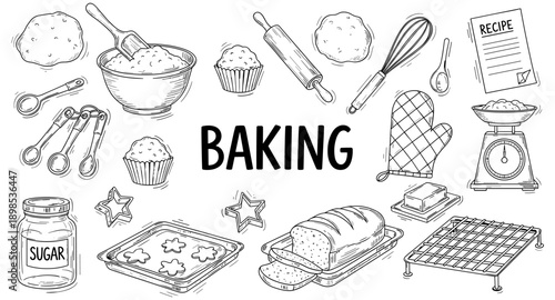 Collection of hand-drawn baking ingredients and tools for homemade delicious treats