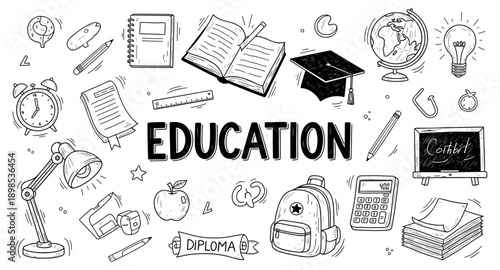 Doodle illustration of education and school supplies with the word education in bold letters