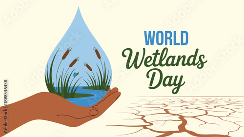 World wetlands day illustration with water drop and hands, environmental conservation and ecosystem awareness design