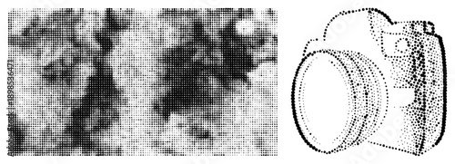 Black and white halftone textures forming abstract shapes, camera rendered in dotted, graphic design elements, vector illustration, isolated foreground.