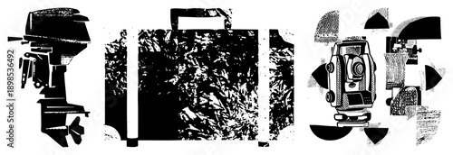 Black and white vector graphic of outboard motor, textured briefcase, and surveying equipment, rendered in halftone and glyph style with isolated shapes.